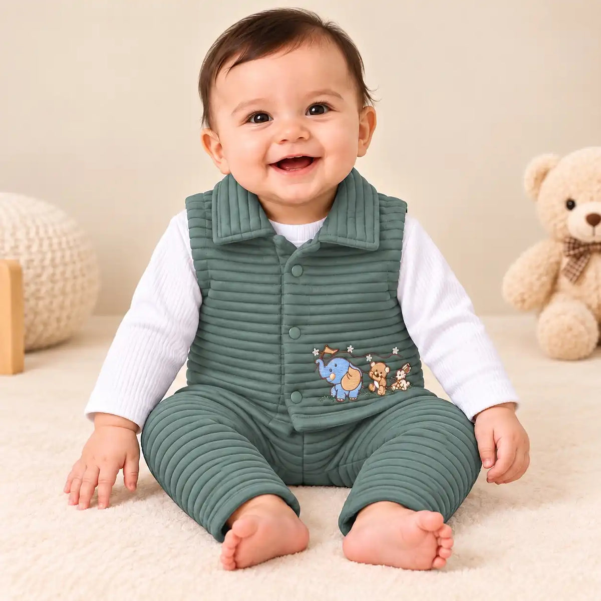 Baby wearing a sage green quilted vest, white long-sleeve shirt and matching pajama pants