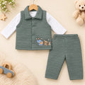Sage green baby boys 3 piece winter set with embroidered quilted vest, white ribbed shirt and matching pajama