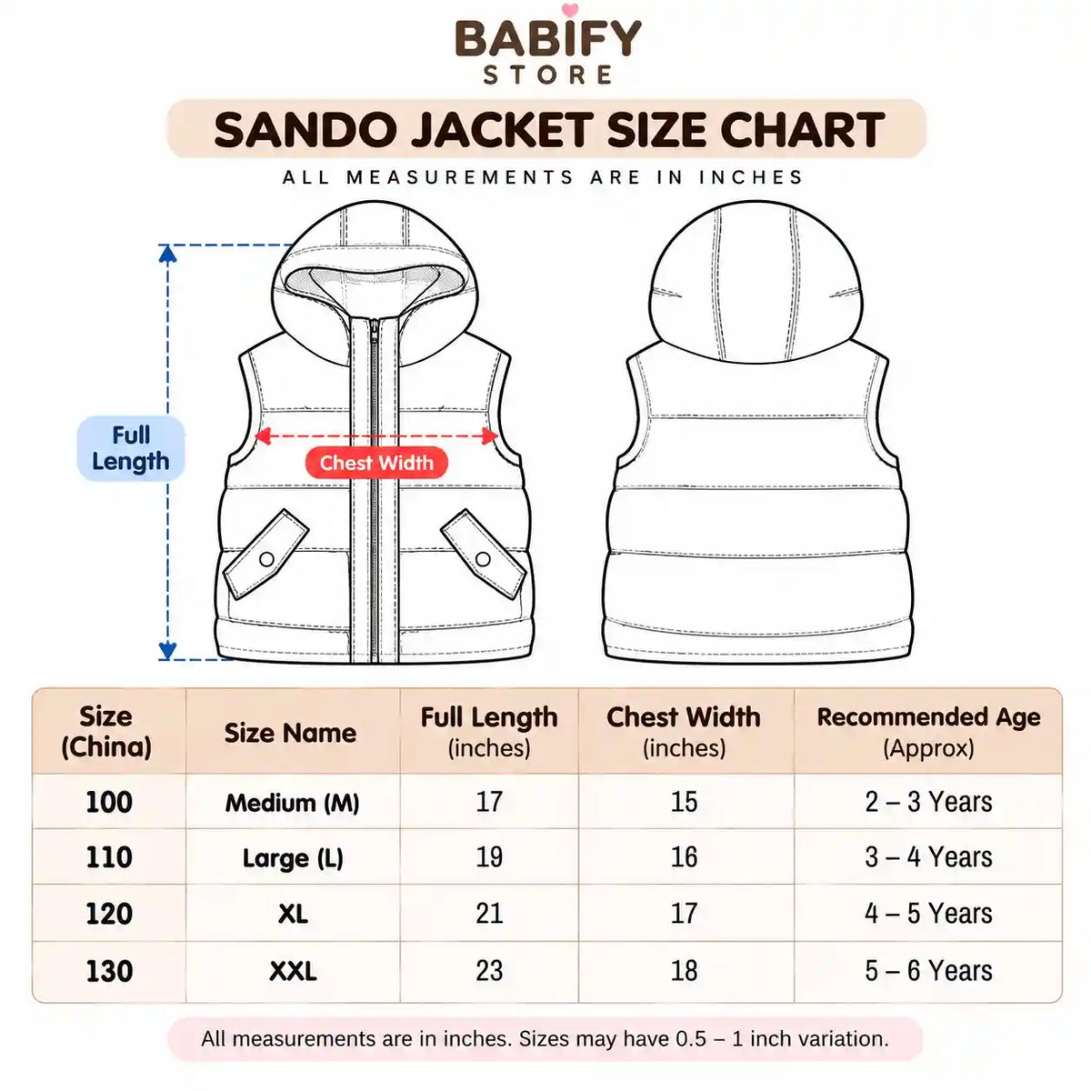 Kids Hooded Puffer Sando Jacket Size Chart in Inches