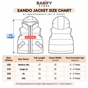 Kids Hooded Puffer Sando Jacket Size Chart in Inches