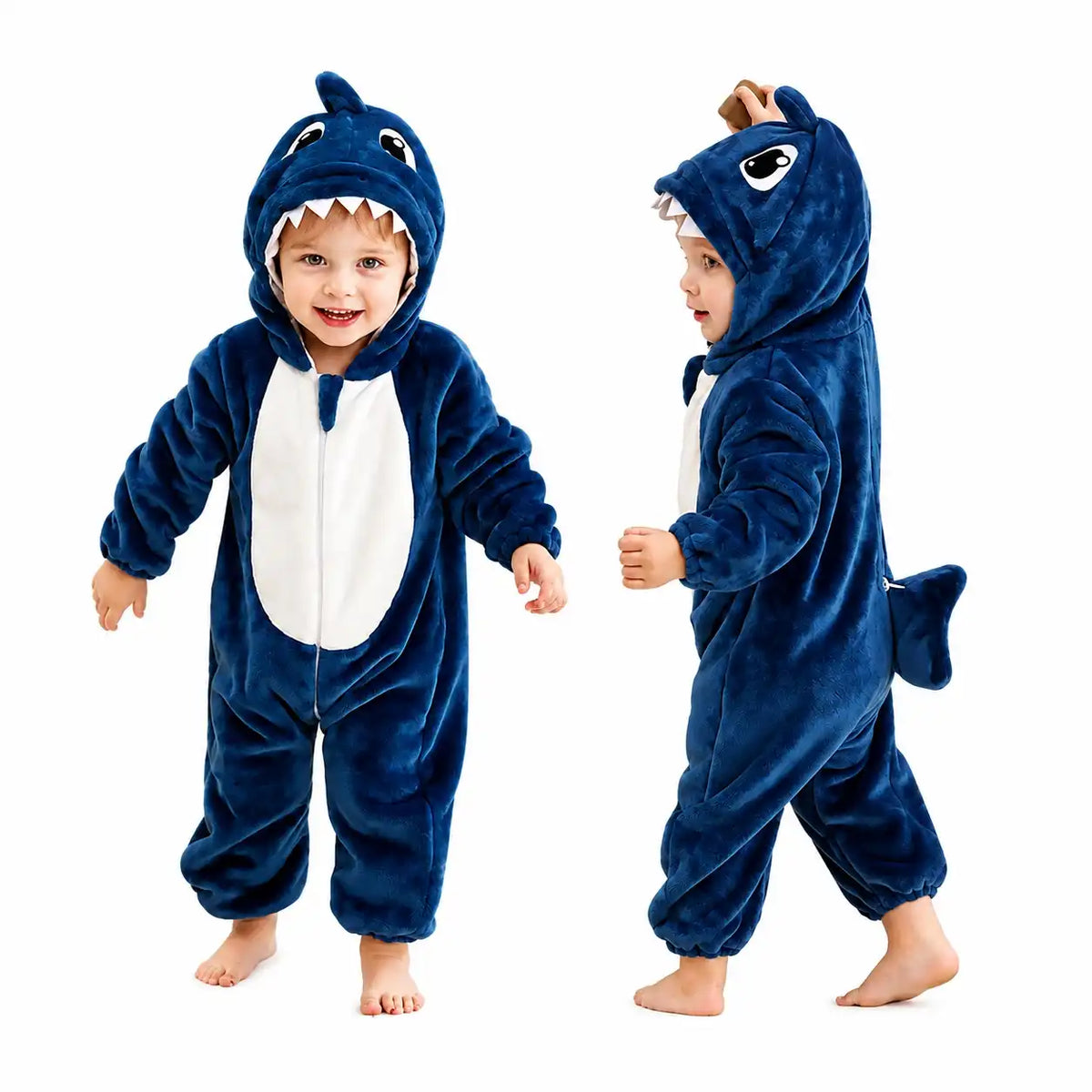 Child wearing shark character hooded winter fleece romper jumpsuit
