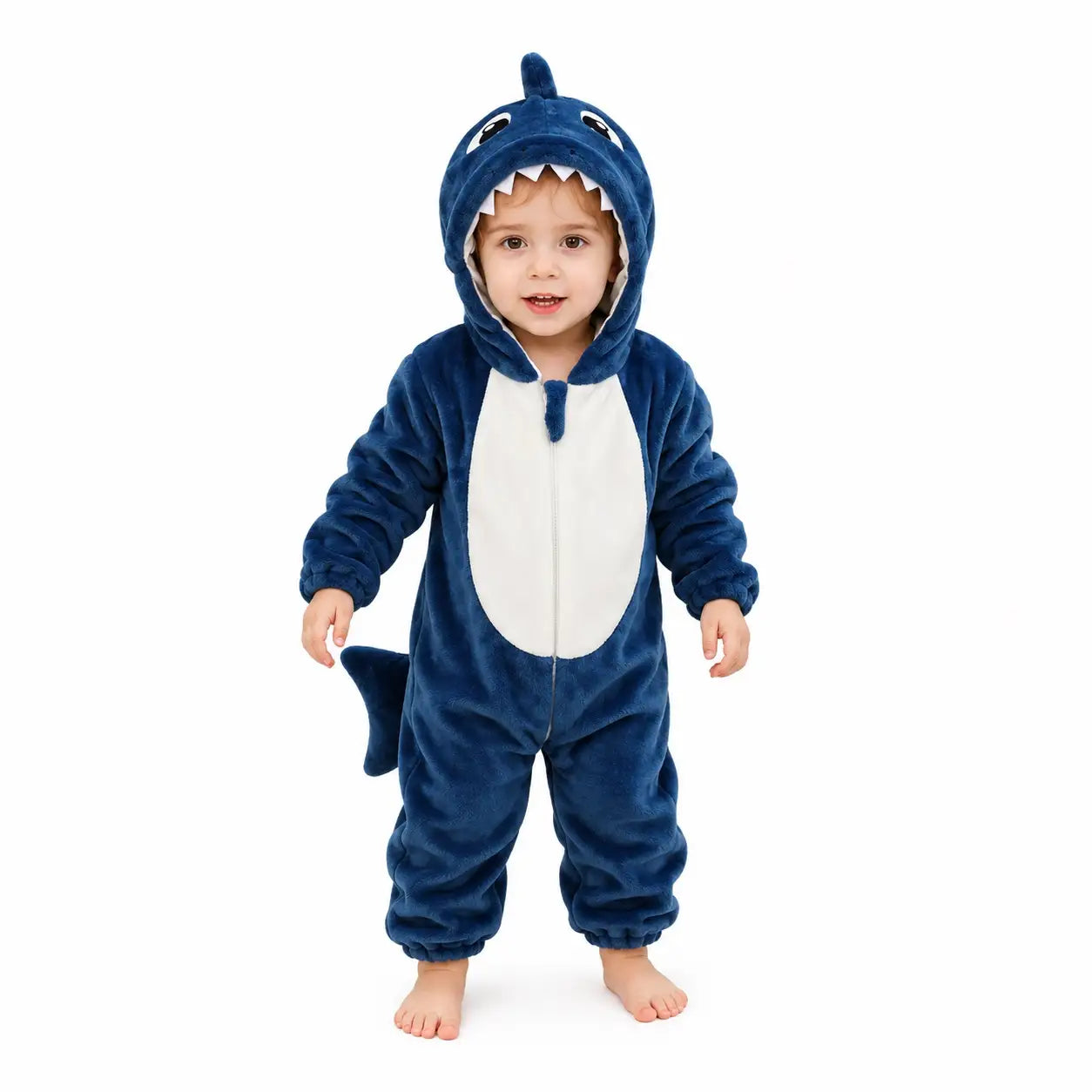 Shark character hooded winter fleece romper jumpsuit blue and white front view