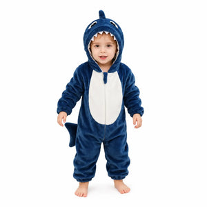 Shark character hooded winter fleece romper jumpsuit blue and white front view