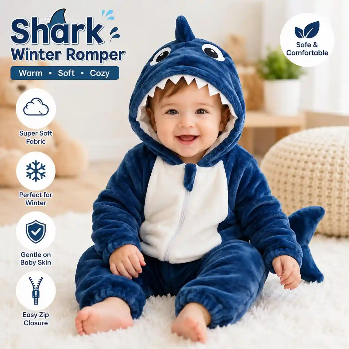 Child wearing shark character hooded winter fleece romper jumpsuit