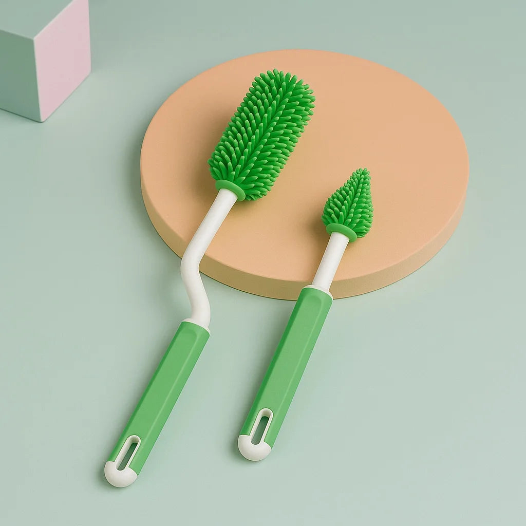 Green silicone baby bottle brush and nipple brush with non-slip handle