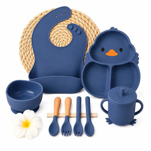 Navy blue 8-piece silicone baby feeding set with suction plate, bib, cup and cutlery