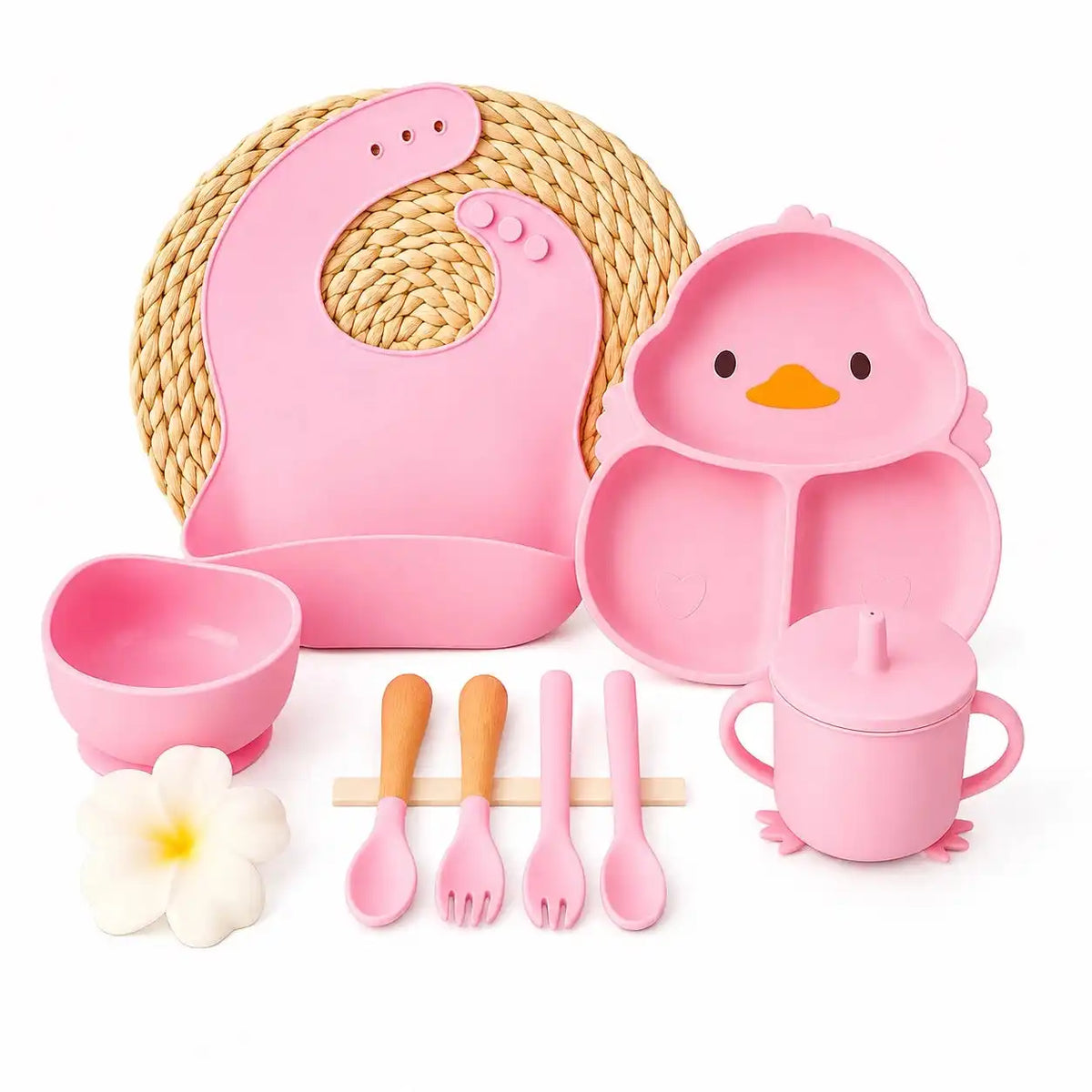 Pink 8-piece silicone baby feeding set for self-feeding and weaning