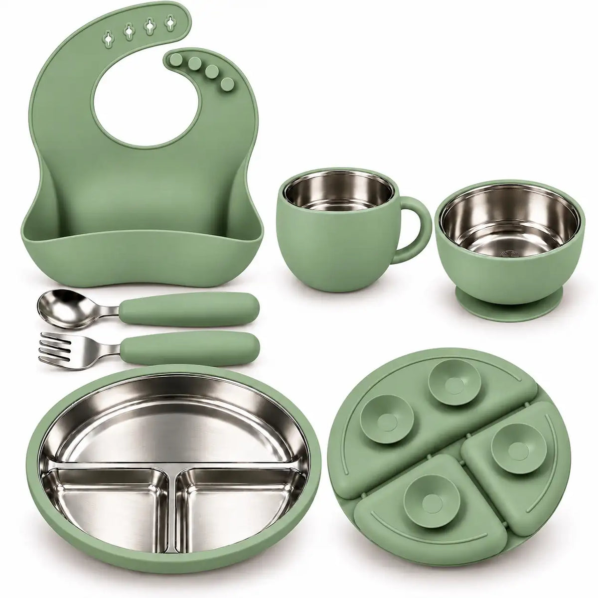 Sage Green 6-piece baby feeding set with stainless steel utensils and removable silicone parts