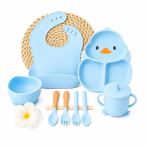 Sky blue silicone baby feeding set with plate, bowl, snack catcher and sippy cup