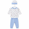 Sky blue baby 3 piece sailboat print clothing set with long sleeve shirt, matching pants and cap