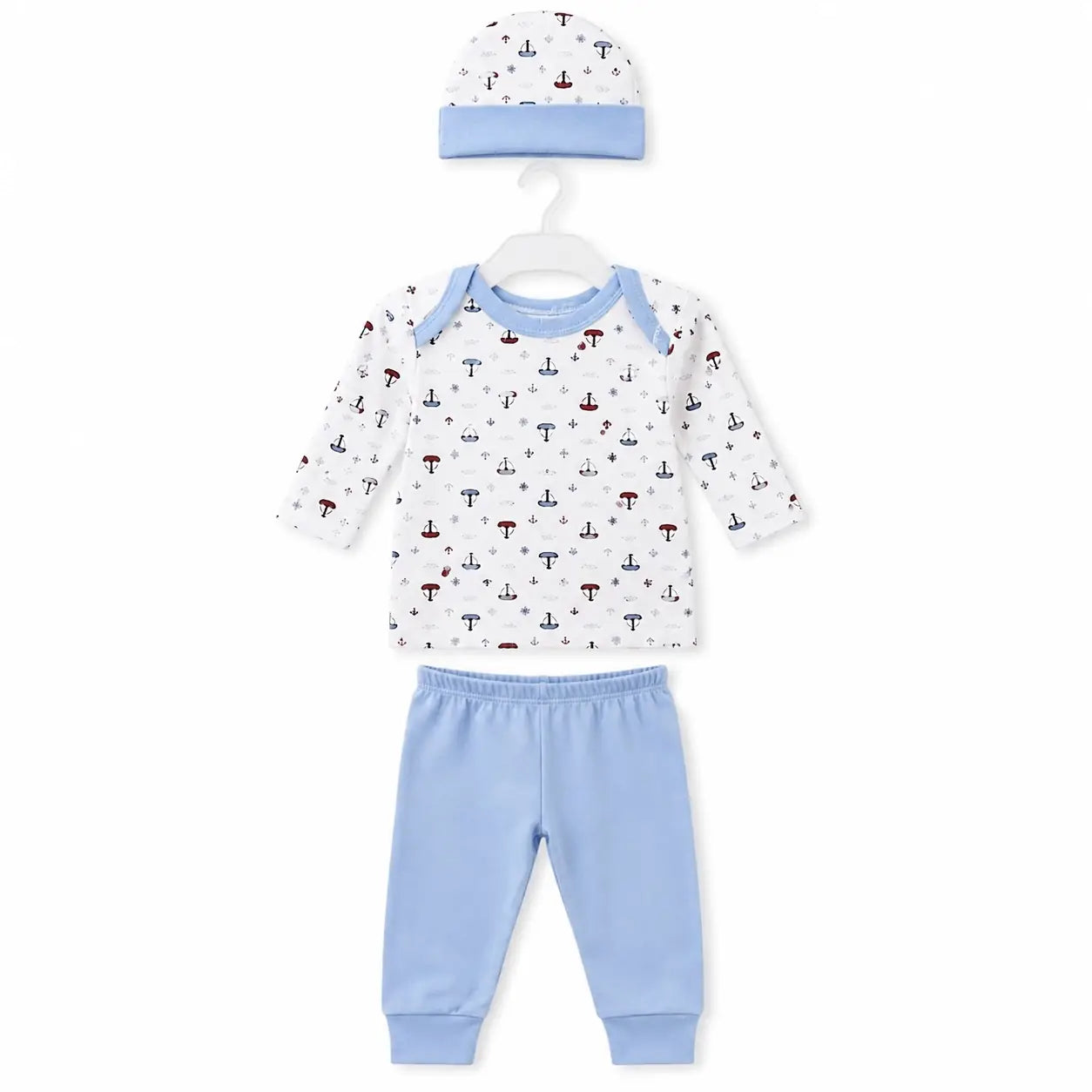 Sky blue baby 3 piece sailboat print clothing set with long sleeve shirt, matching pants and cap