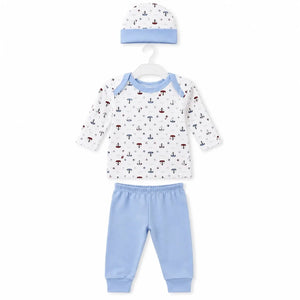 Sky blue baby 3 piece sailboat print clothing set with long sleeve shirt, matching pants and cap