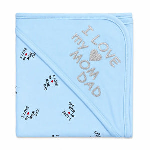 Light blue baby wrapping sheet with I Love My Mom Dad print