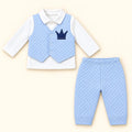 Baby sky blue quilted waistcoat style shirt with attached white collared shirt, navy crown embroidery and matching pajama
