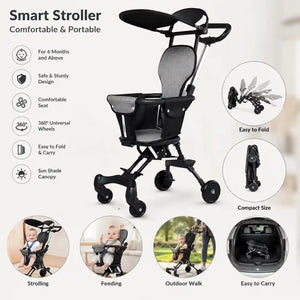 Grey foldable baby stroller showing canopy, wheels and compact travel features