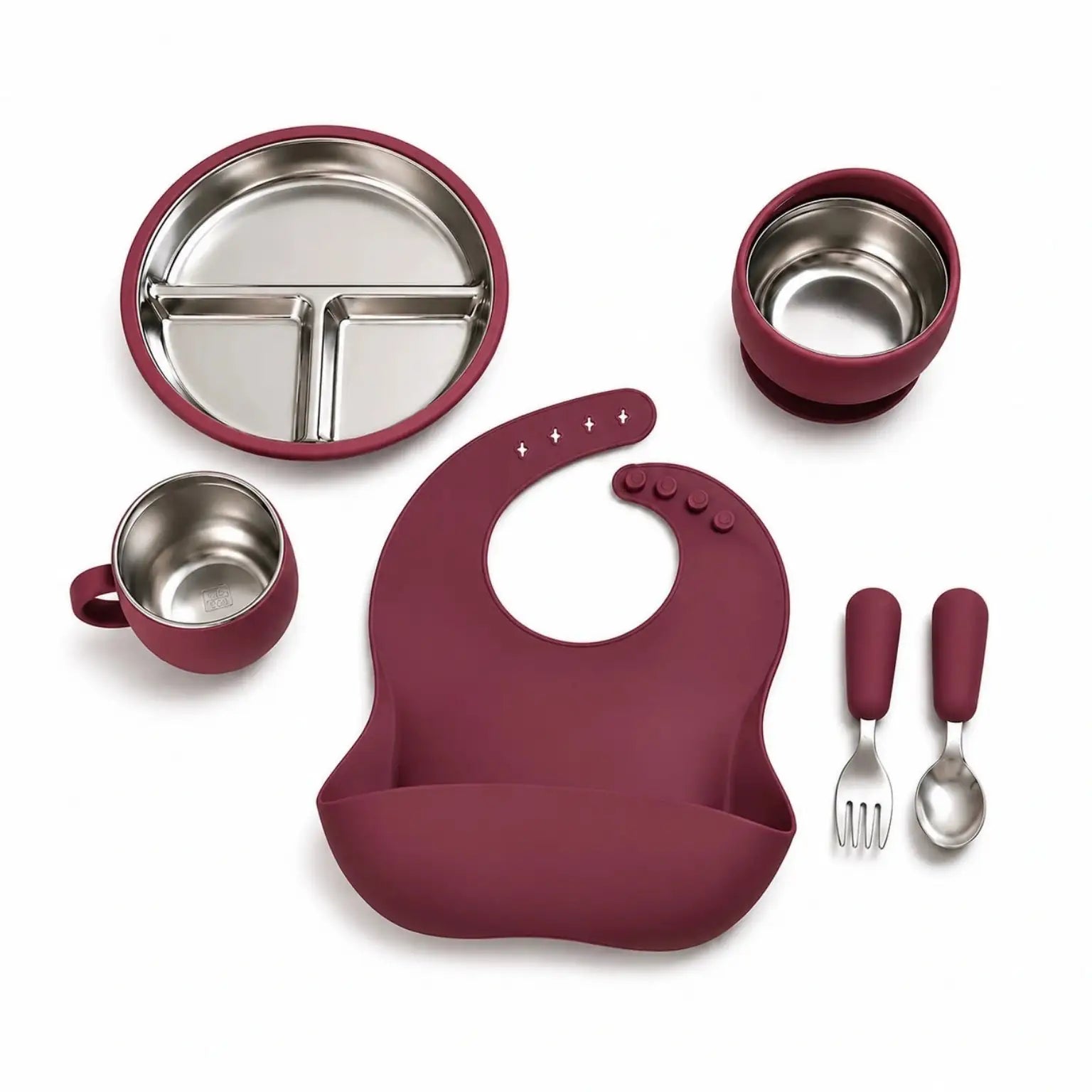 Maroon 6-piece baby feeding set with stainless steel utensils and removable silicone parts