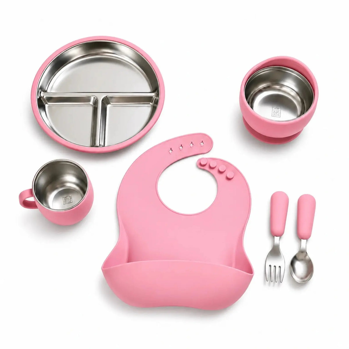 Pink 2-in-1 stainless steel and silicone baby feeding set with plate, bowl, cup, bib, spoon and fork