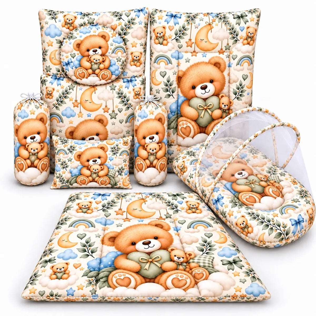8-Piece Baby Bedding Set with Mosquito Net and Carry Nest Teddy Bear Print in Pakistan