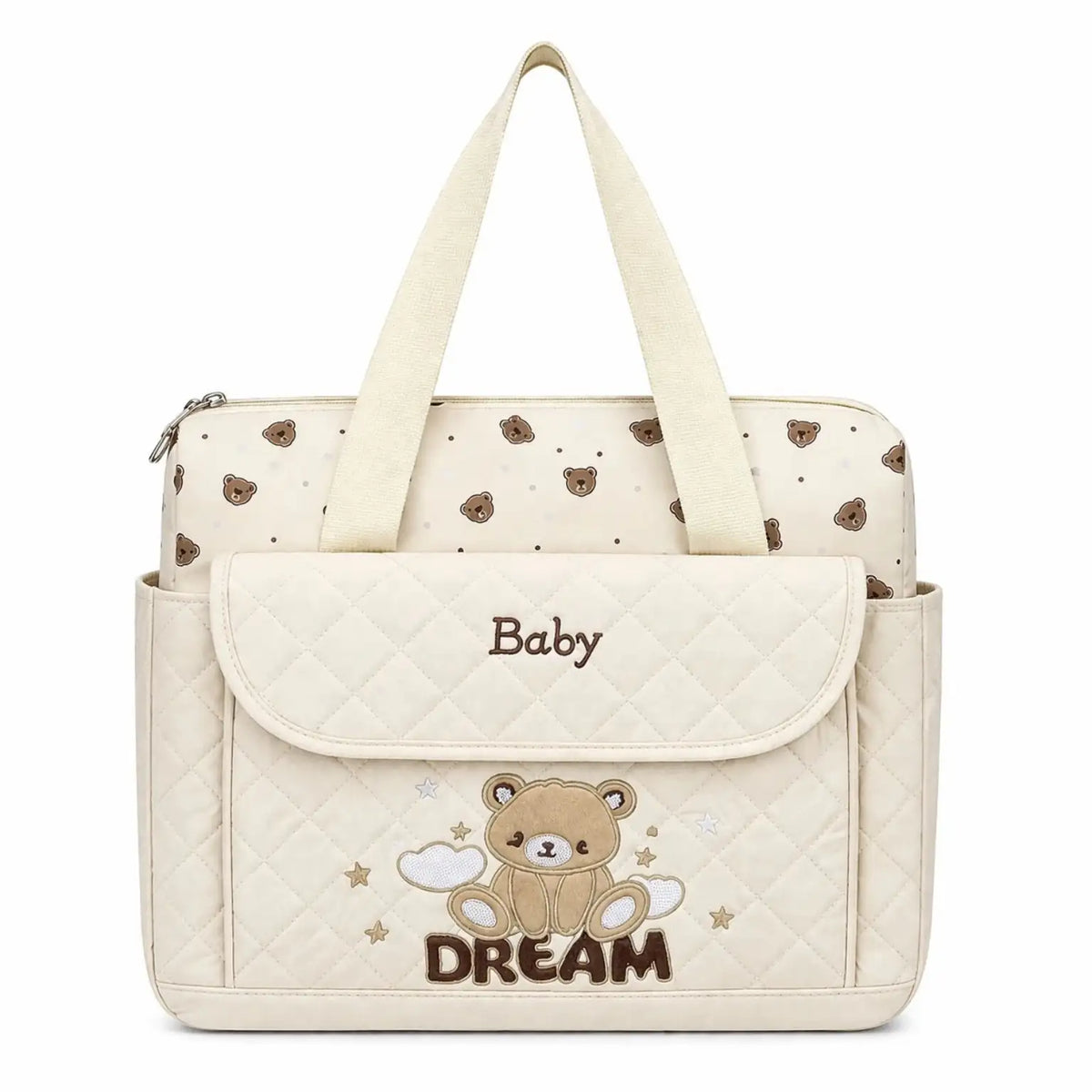 Cream baby diaper bag with teddy design, changing sheet and shoulder strap
