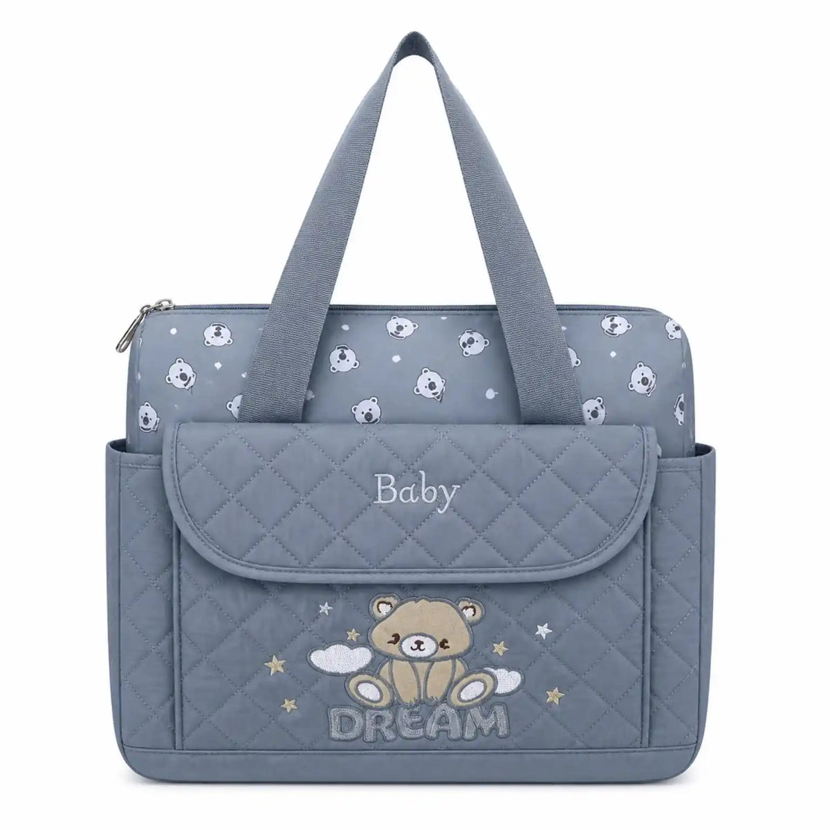 Grey baby diaper bag with spacious main compartment and changing sheet