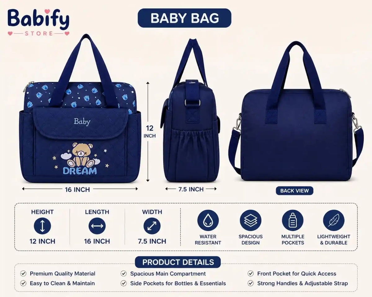 Baby diaper bag features and size details with changing sheet