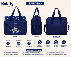 Baby diaper bag features and size details with changing sheet