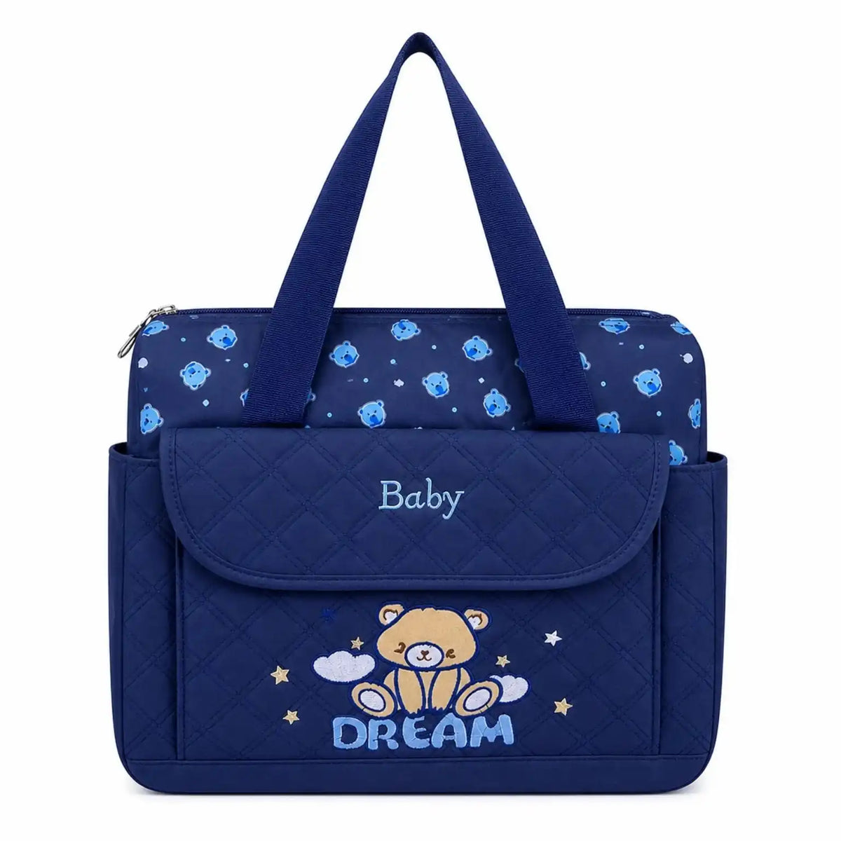 Dark blue baby diaper bag with teddy print and multiple storage pockets
