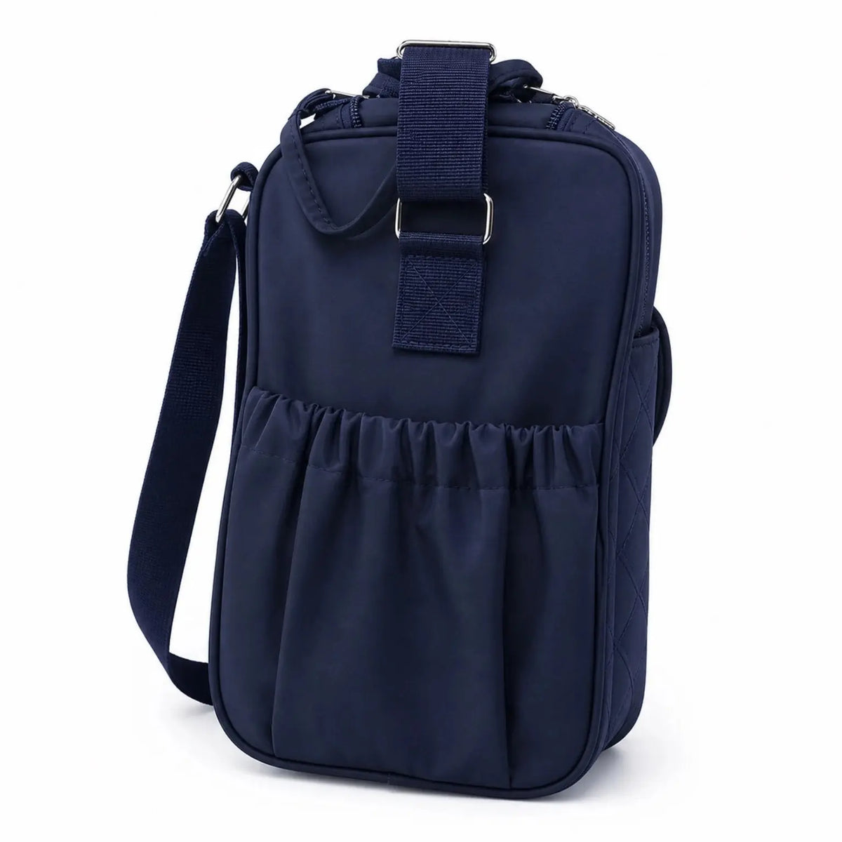 Navy blue baby diaper bag back view with shoulder strap