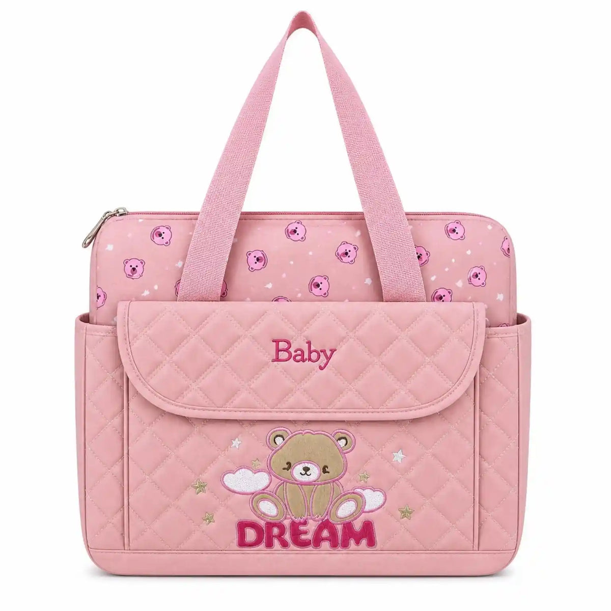 Pink baby diaper bag with changing sheet for travel and daily outings