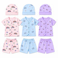 Pack of 3 baby summer cotton shirt, shorts and matching cap sets in colorful prints