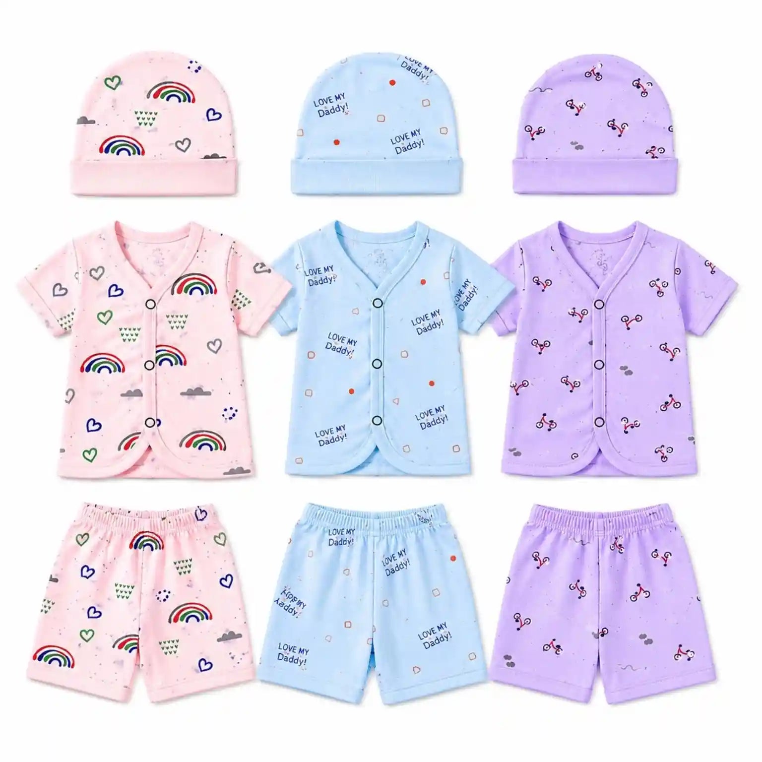 Pack of 3 baby summer cotton shirt, shorts and matching cap sets in colorful prints