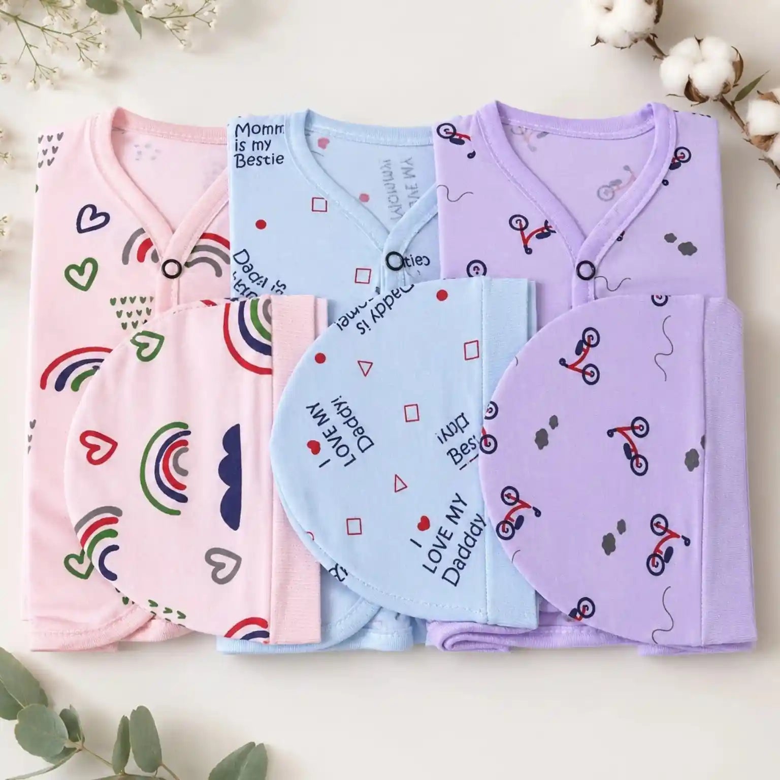 Soft cotton baby summer shirt, shorts and matching cap sets for newborns 0–3 months