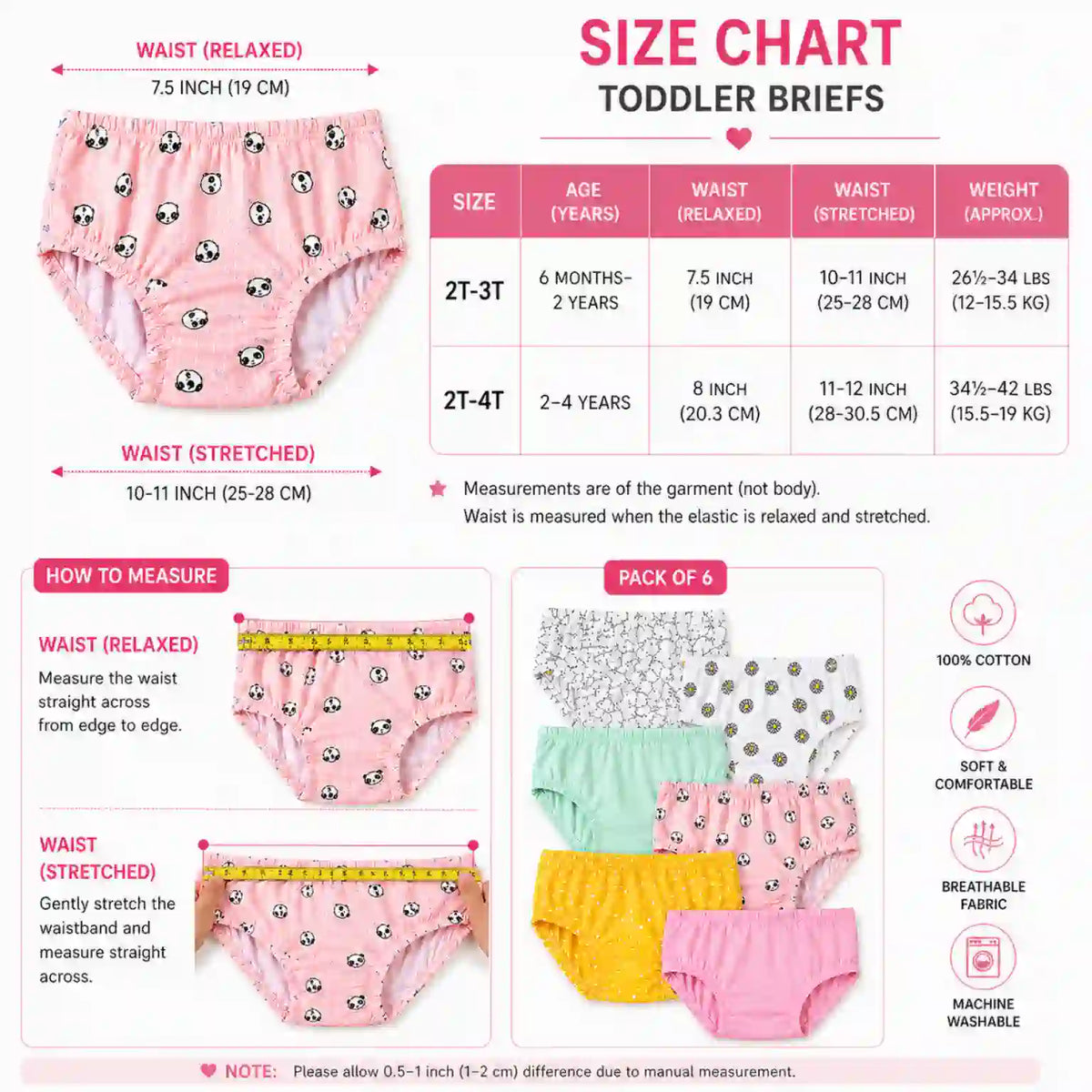 Pack of 6 baby cotton panties size chart and product details