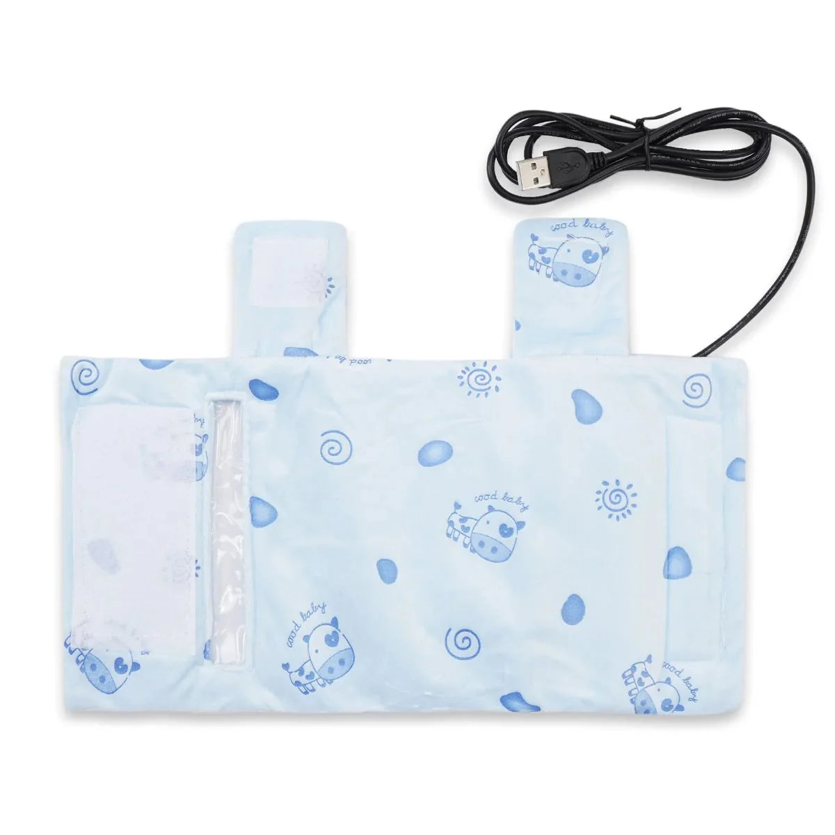 Blue USB baby bottle warmer cover open view with heating panel and cable