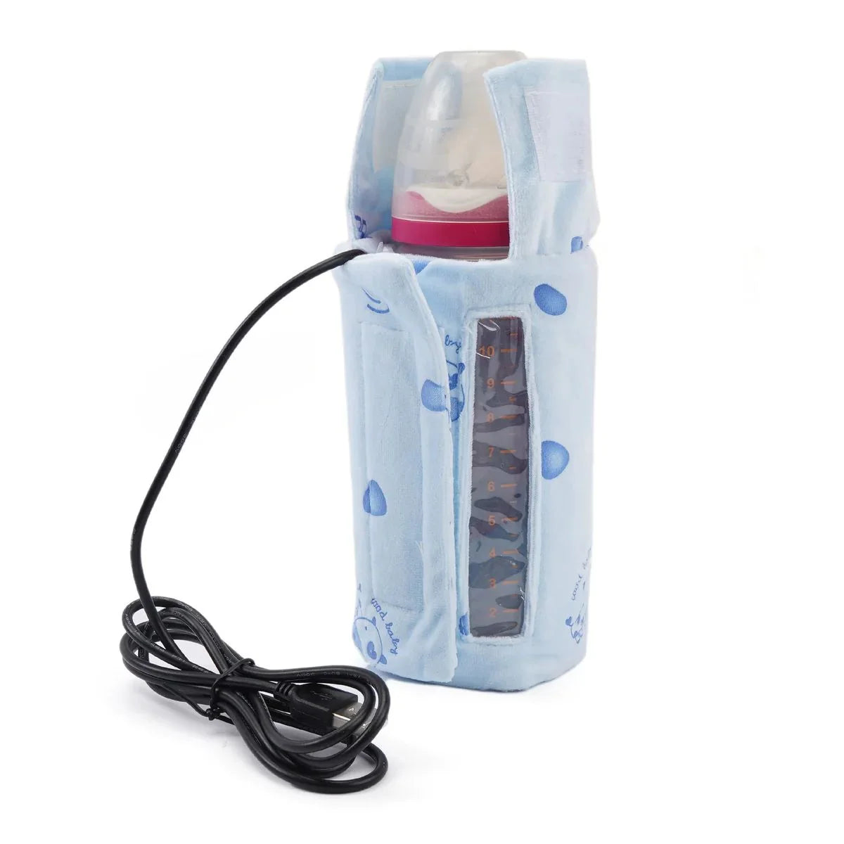 USB baby bottle warmer cover in blue with heating sleeve and charging cable