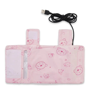 Pink USB baby bottle warmer cover open view with heating panel and cable