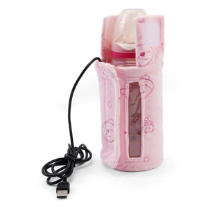 USB baby bottle warmer cover in pink with heating sleeve and charging cable