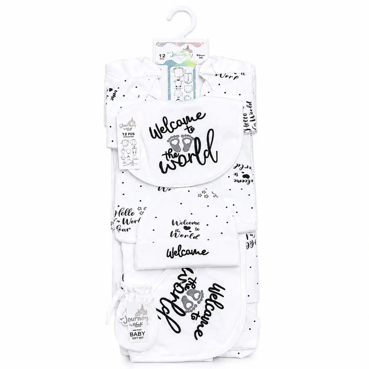 12 Pcs Welcome to the World Baby Starter Set in White and Black for 0 to 3 Months