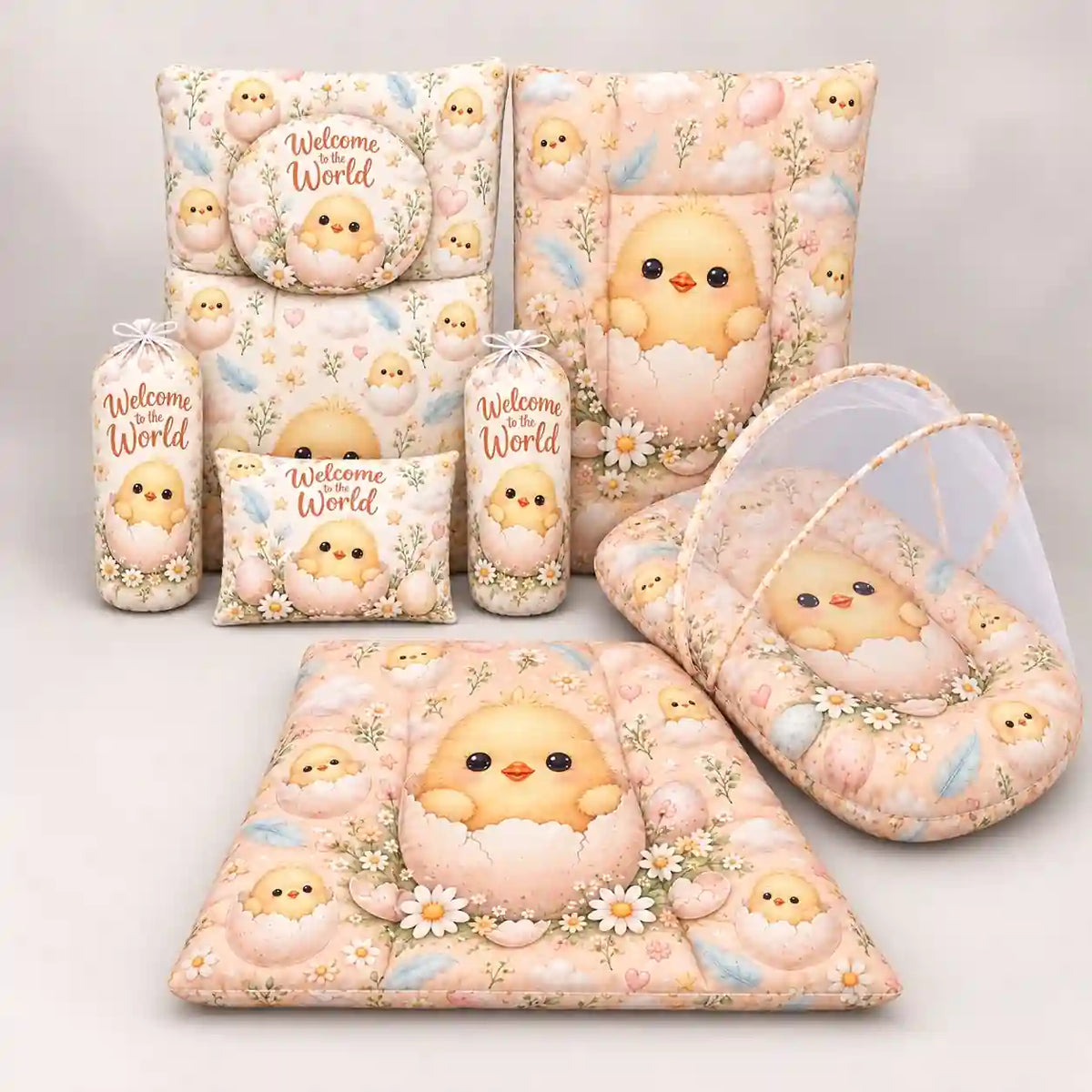 8-Piece Baby Bedding Set with Mosquito Net and Carry Nest Welcome to the World Chick Print in Pakistan