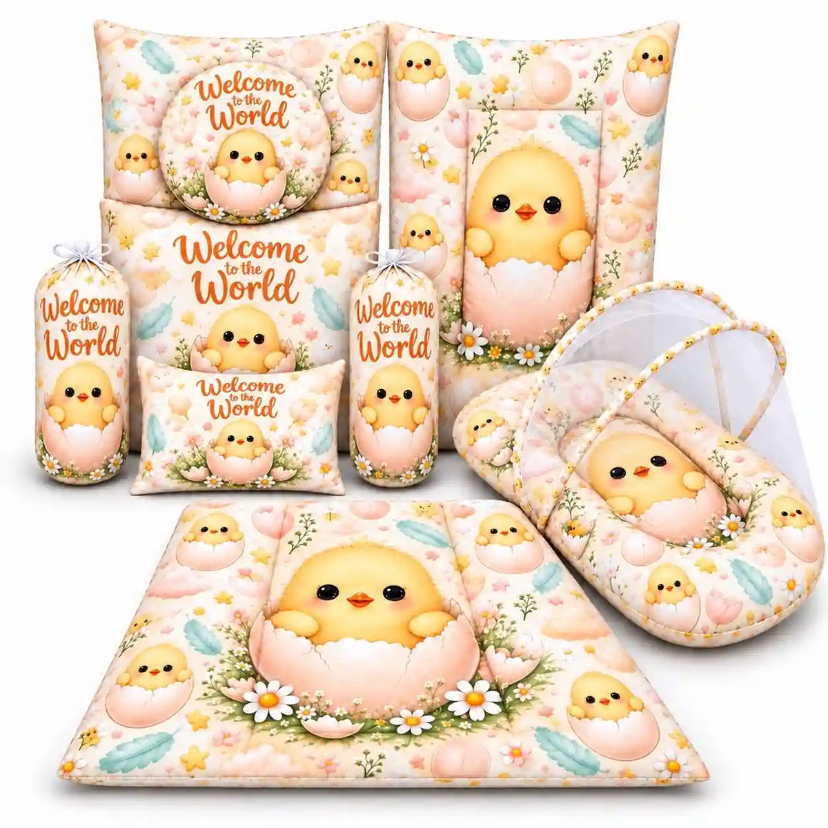 8-Piece Baby Bedding Set with Mosquito Net and Carry Nest Welcome to the World Chick Print in Pakistan