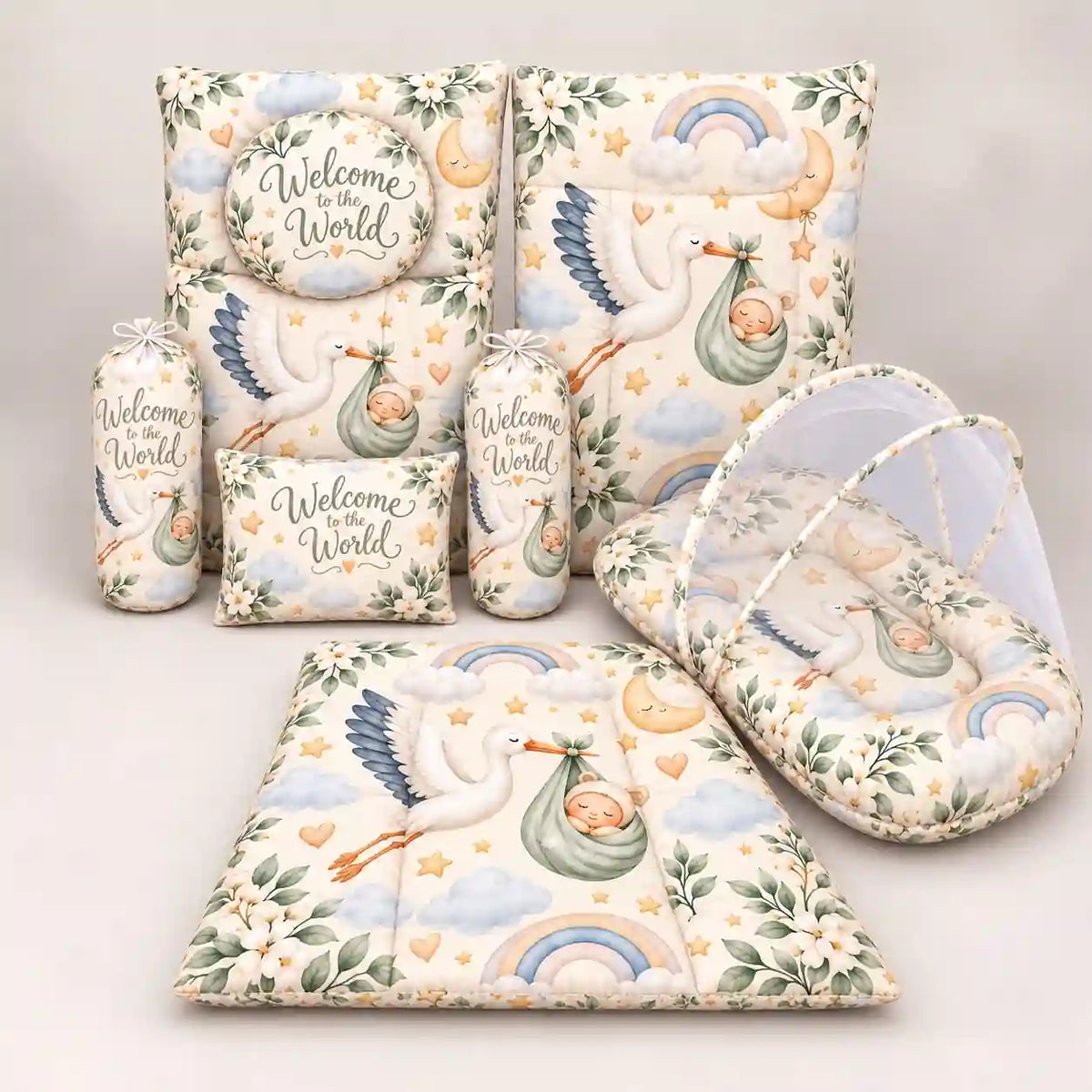 8-Piece Baby Bedding Set with Mosquito Net and Carry Nest Welcome to the World Print in Pakistan
