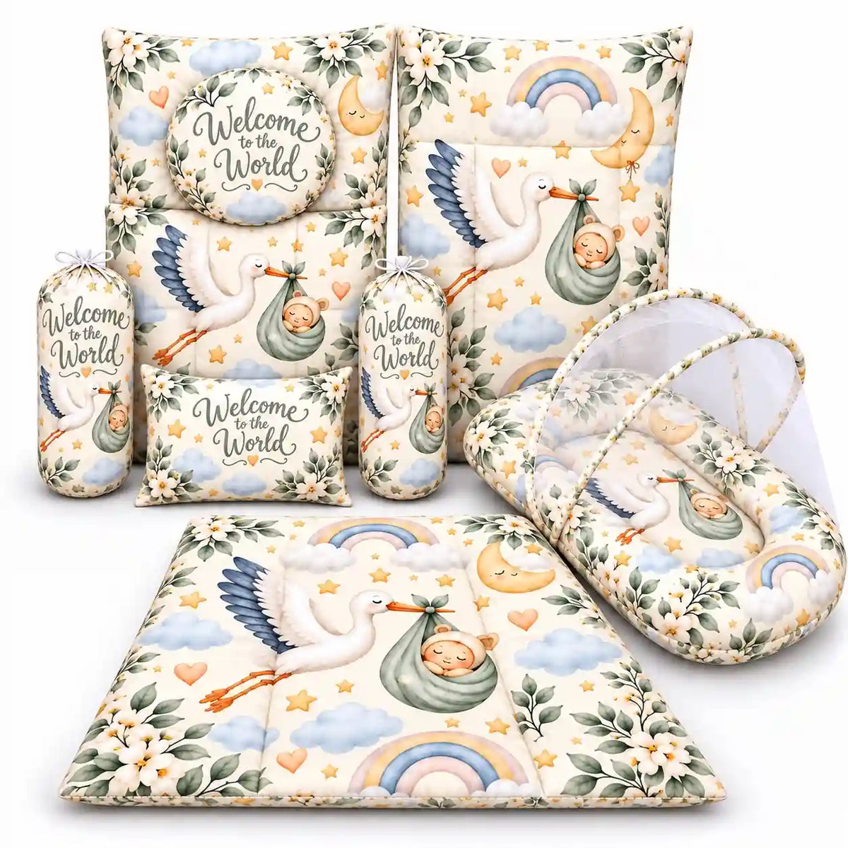 8-Piece Baby Bedding Set with Mosquito Net and Carry Nest Welcome to the World Print in Pakistan
