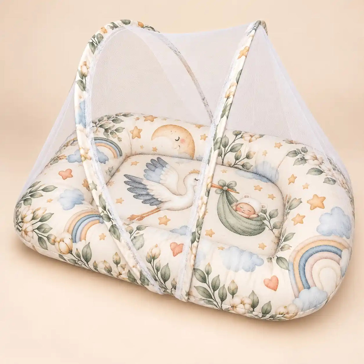 Cushioned Baby Mattress with Stork Rainbow Cloud and Floral Print
