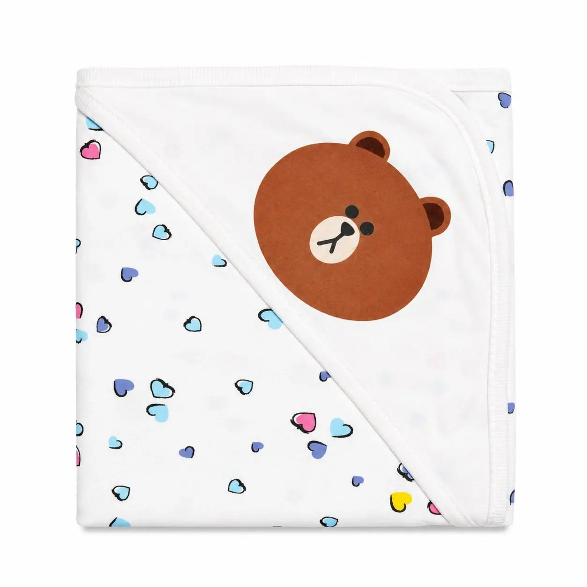 White baby wrapping sheet with brown bear and colorful heart print