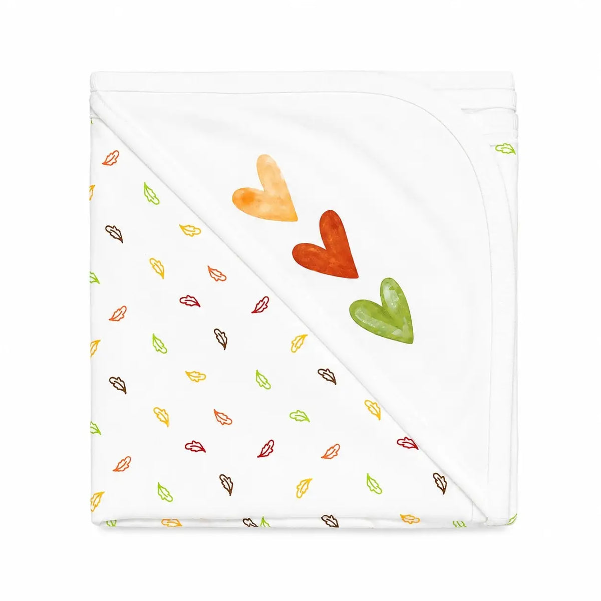White baby wrapping sheet with colorful hearts and leaf print