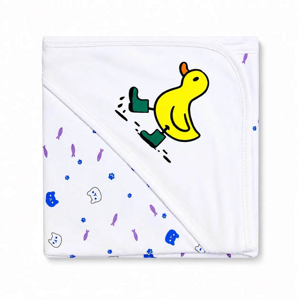 White baby wrapping sheet with colorful duck and animal print