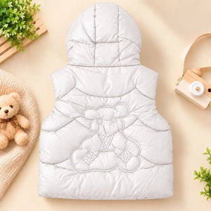 White Kids Hooded Puffer Sando Jacket Back View with Bear Design
