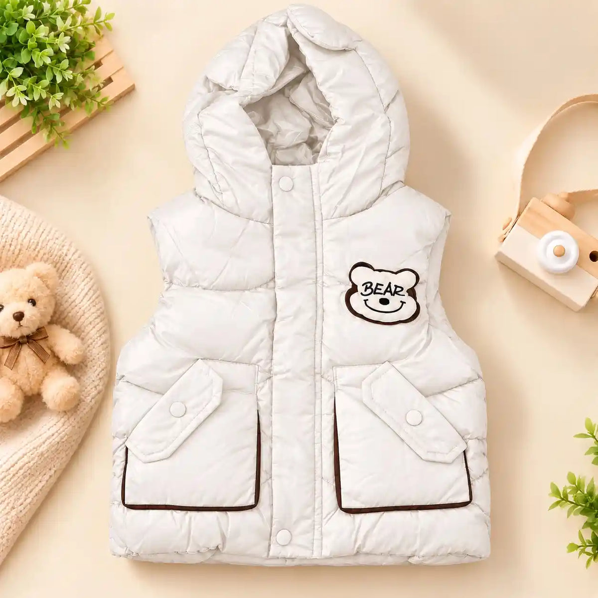 White Kids Hooded Parachute Puffer Sando Jacket Front View