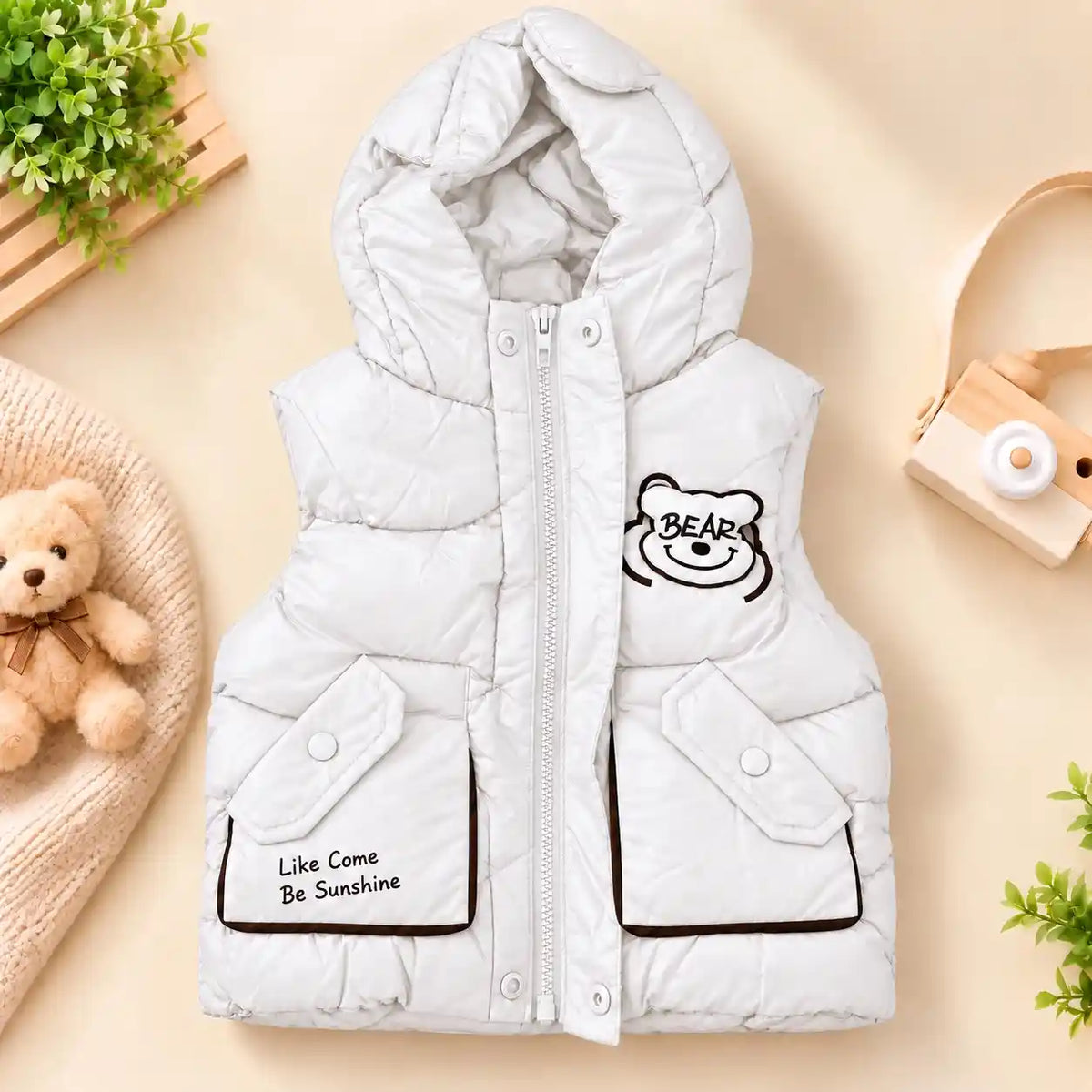 1. White Kids Hooded Parachute Sando Jacket with Front Zip and Pockets