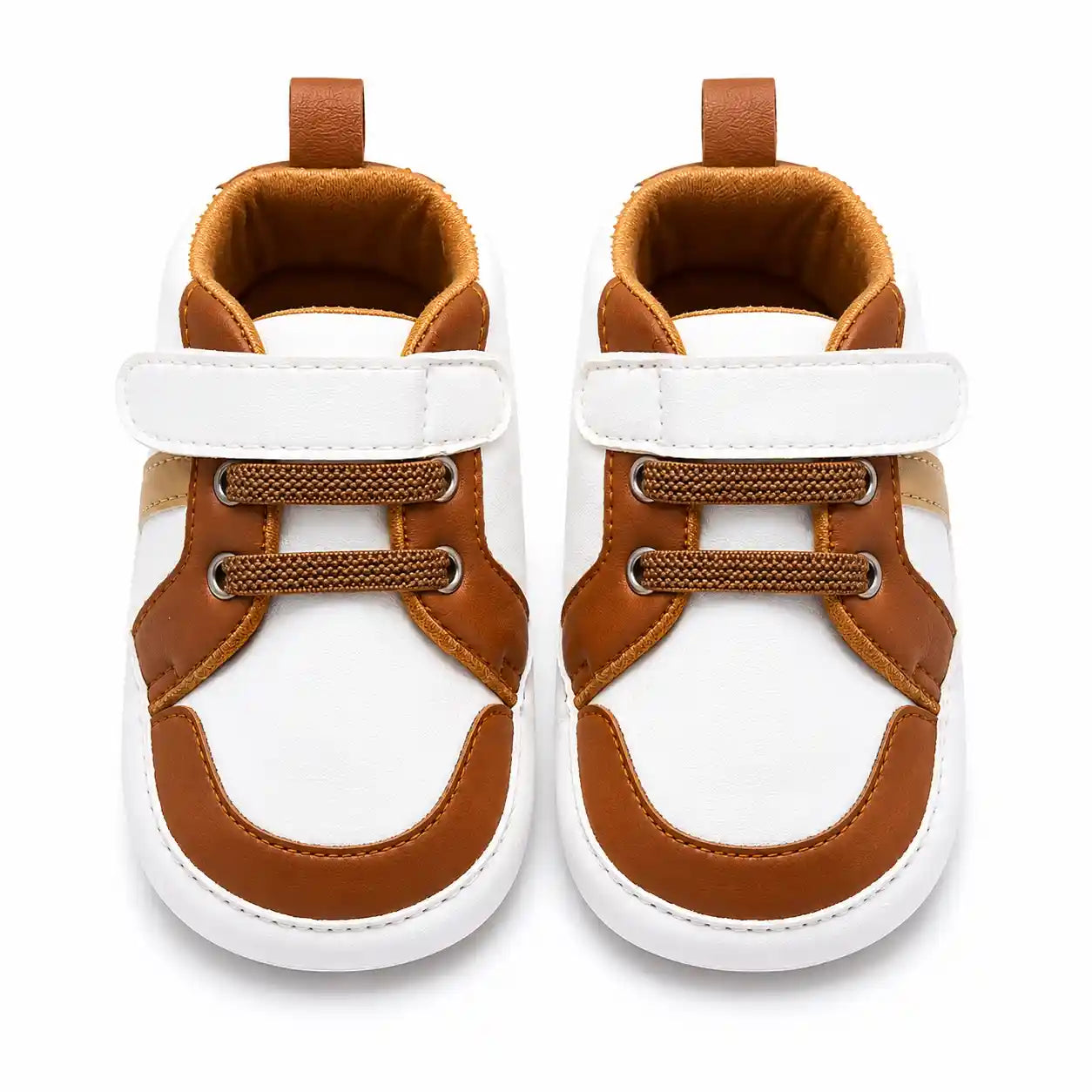 White and brown strap baby shoes with lace detail front view